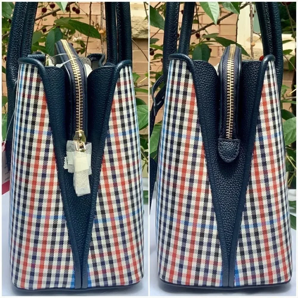 KATE SPADE MARGAUX MEDIUM SATCHEL HANDBAG IN BLUE RED BLACK PLAID + LEATHER TRIM